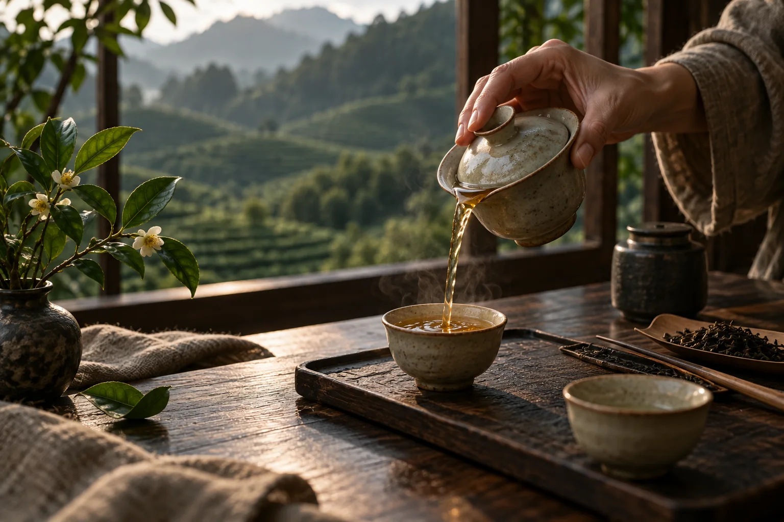Hình minh họa chén trà và thao tác rót trà