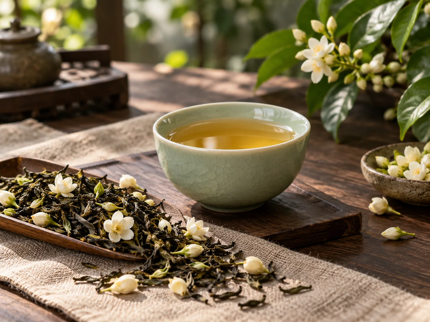 Chén trà cùng lá trà và những bông hoa trắng