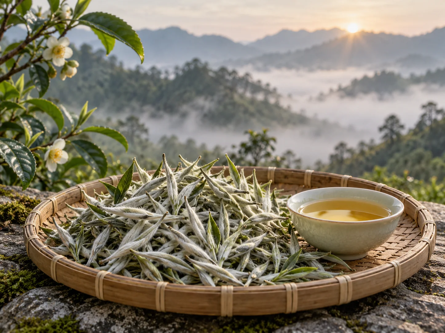 Những búp trà phủ lông tơ bạc trong mẹt tre