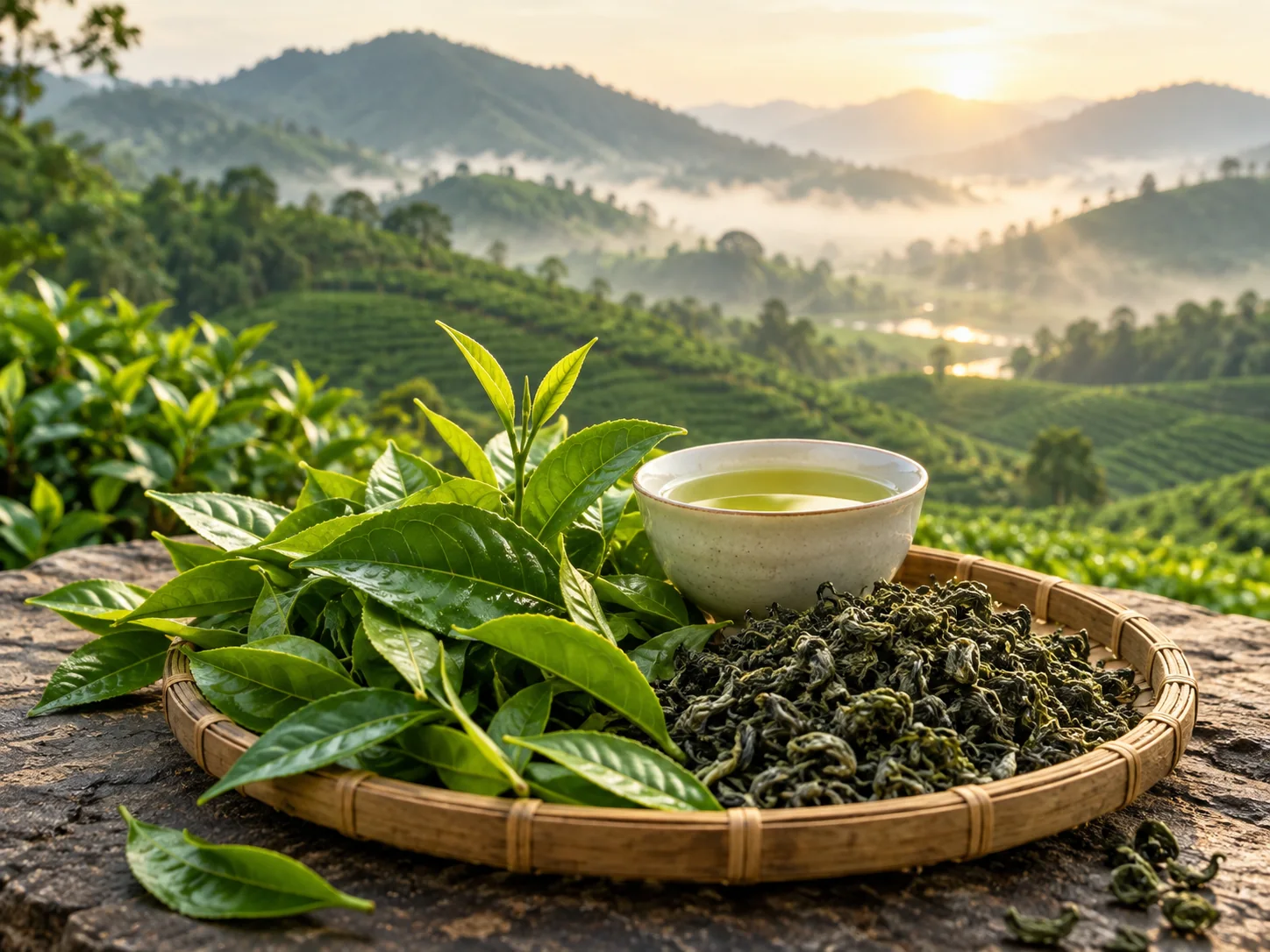 Trà xanh bên búp trà và khung cảnh đồi trà